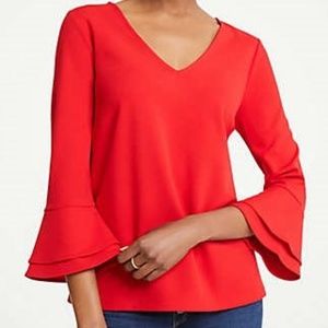 Ann Taylor Bright Red V Neck Flare, Bell Sleeve Top